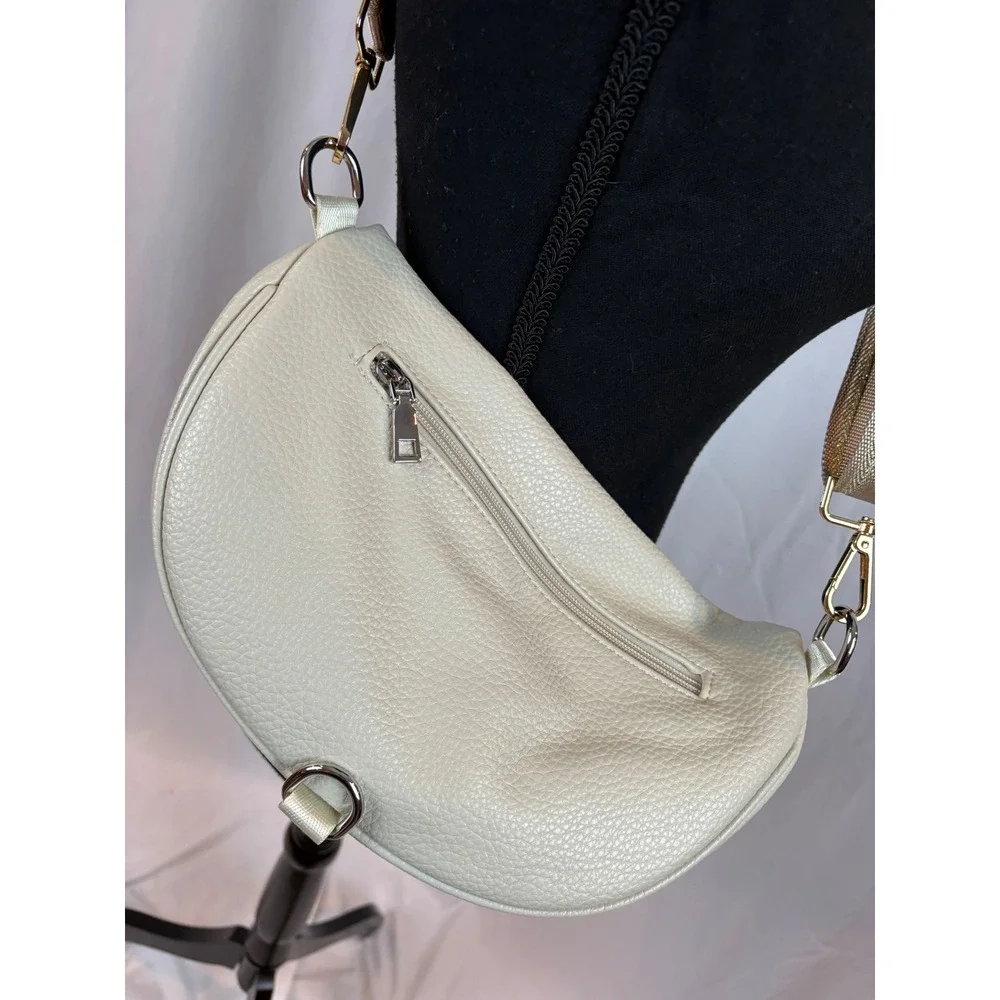 Cream Pebbled Faux Leather Crescent Sling Bag Crossbody Belt Bag Gold Hardware